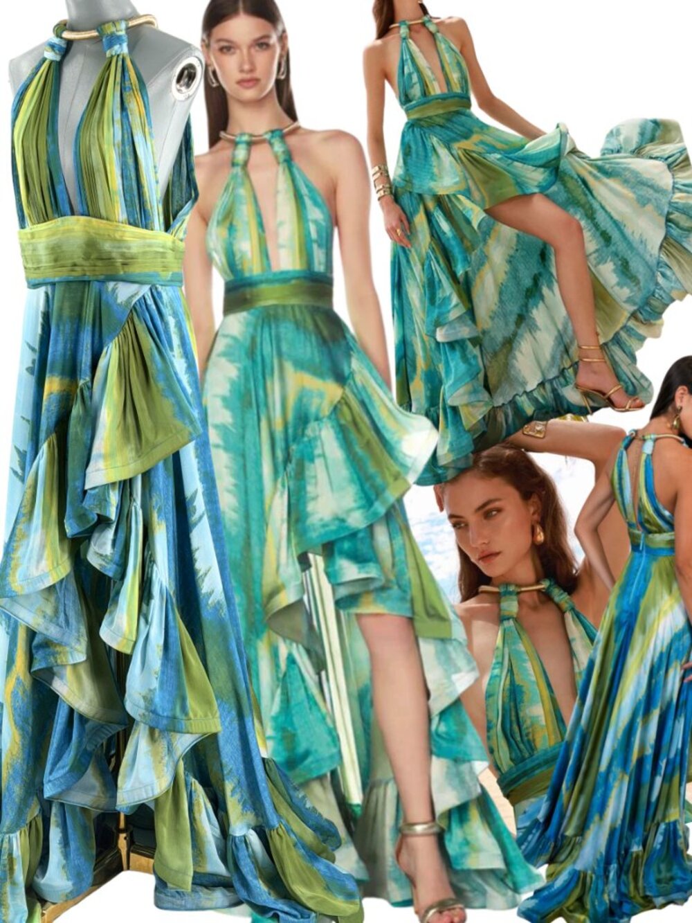 🆕 BRONX & BANCO 🧿 NWOT Palma Coastal Ruffle Hi-Low Gown, Blue Green, Sz L US 8